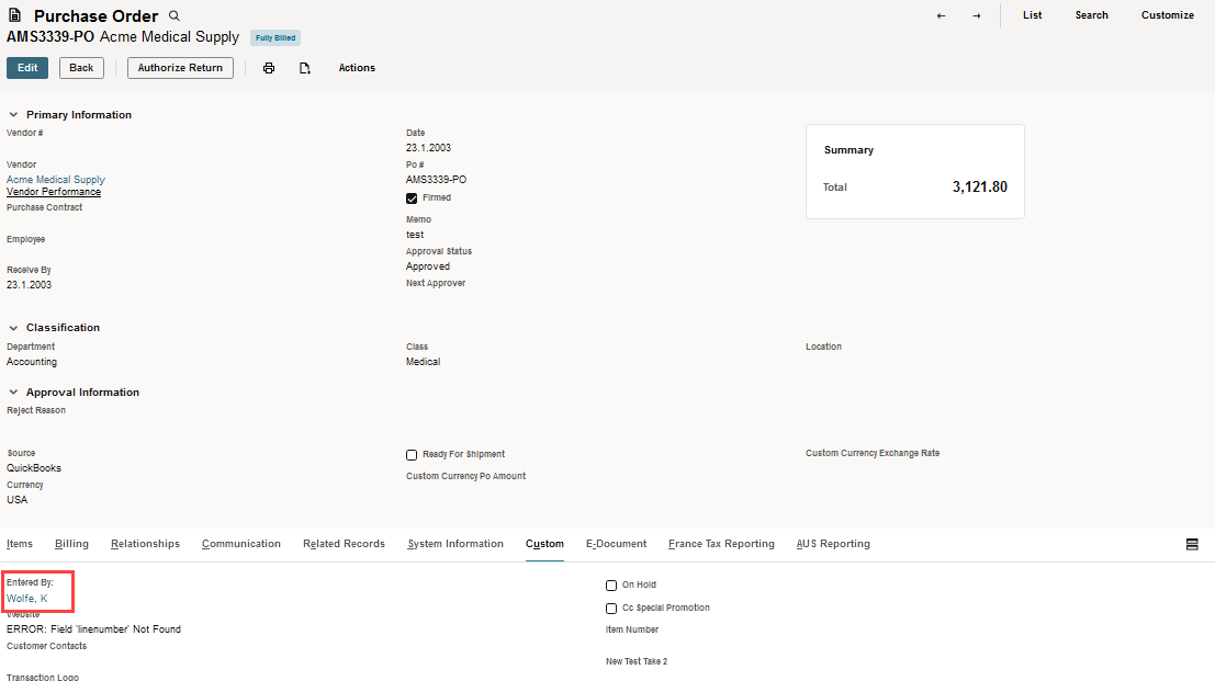 Sample Purchase Order with custom Transaction Body field highlighted on the Custom subtab