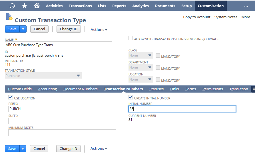 Sample purchase custom transaction type showing location prefix and initial numnber setup on the Transaction Numbers subtab.
