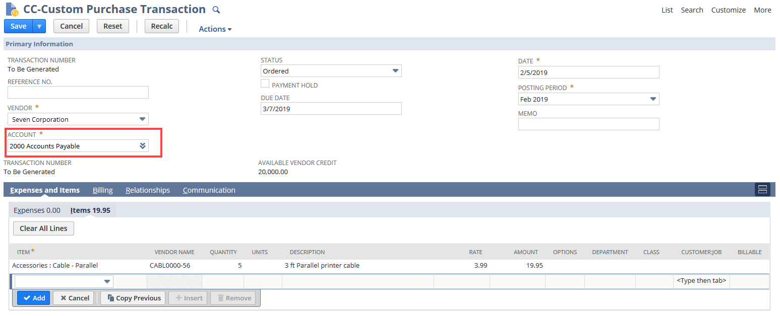 Sample Purchase custom transaction highlighting the Account field.