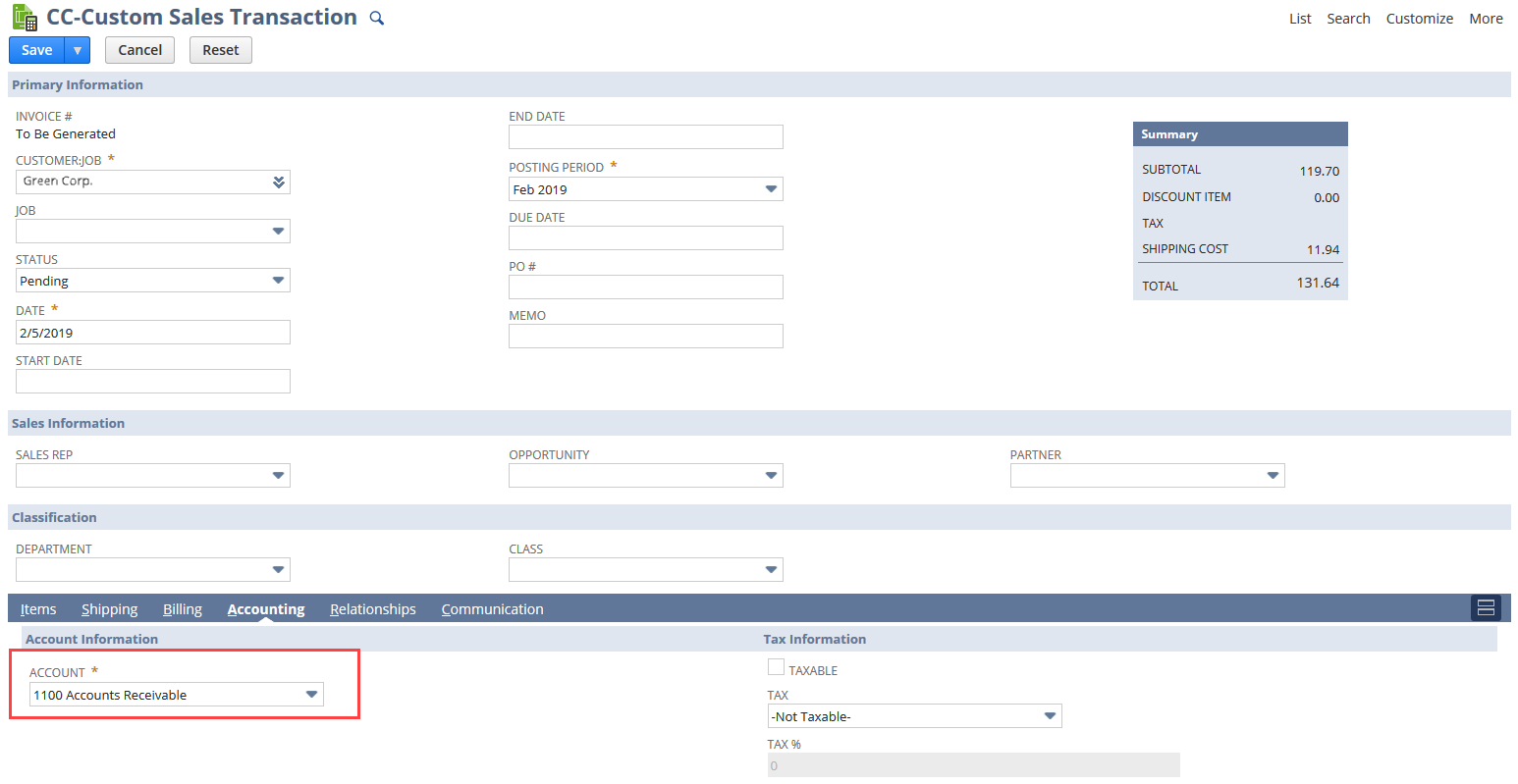 Sample Sales custom transaction highlighting the Account field on the Accounting subtab.
