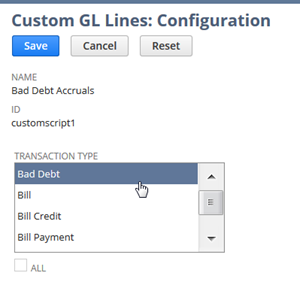 Sample custom transaction configuration for GL Lines.