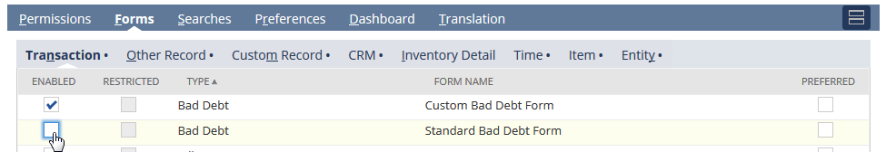 Sample Forms subtab with Enabled box checked on the Transaction subtab.