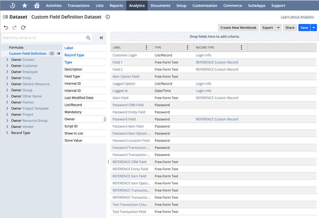 A dataset editor showing custom field definitions and types for a list of records