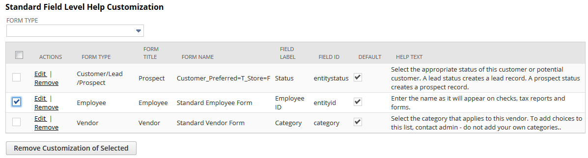Standard Field Level Help Customization list.