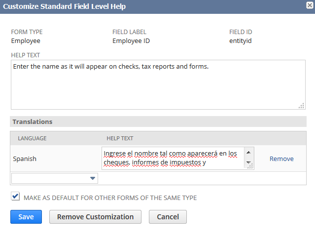Sample Customize Standard Field Level Help window.