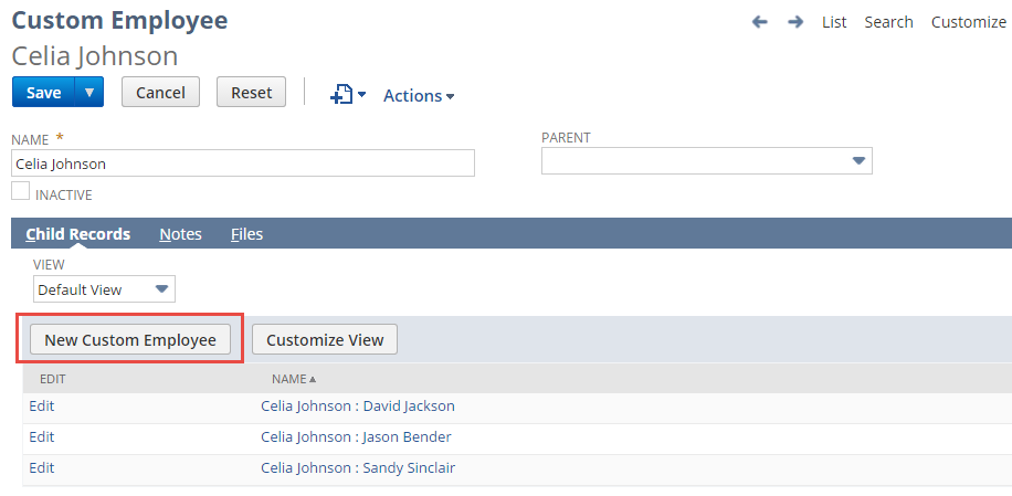 Sample Custom Employee record with New Custom Employee button highlighted.