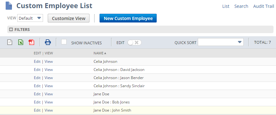 Custom Employee List showing parent record : child record format.