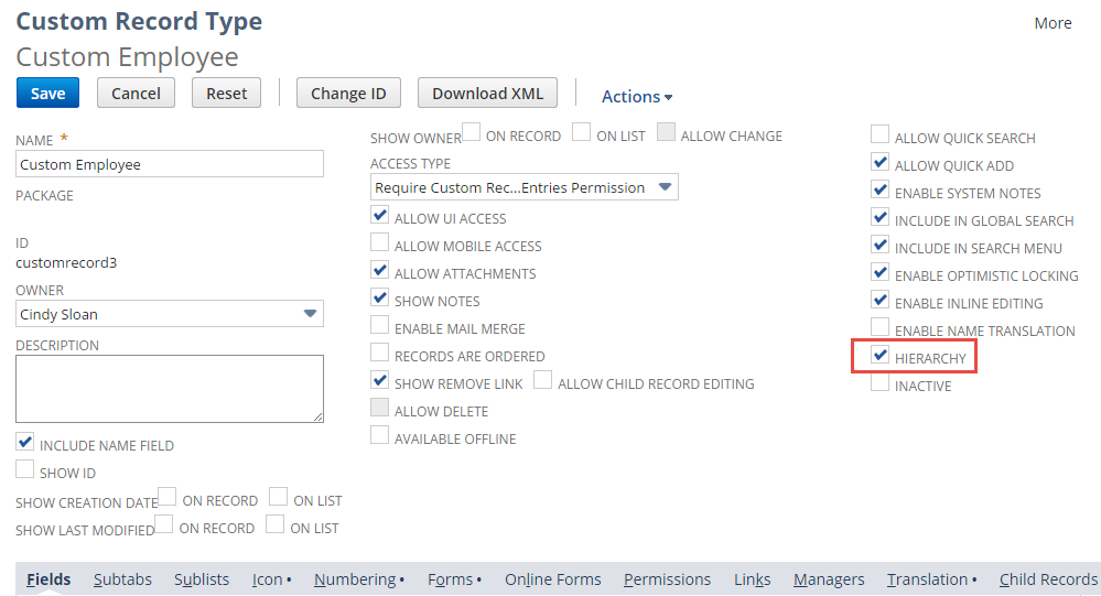 Sample Custom Record Type with Hierarchy box highlighted.