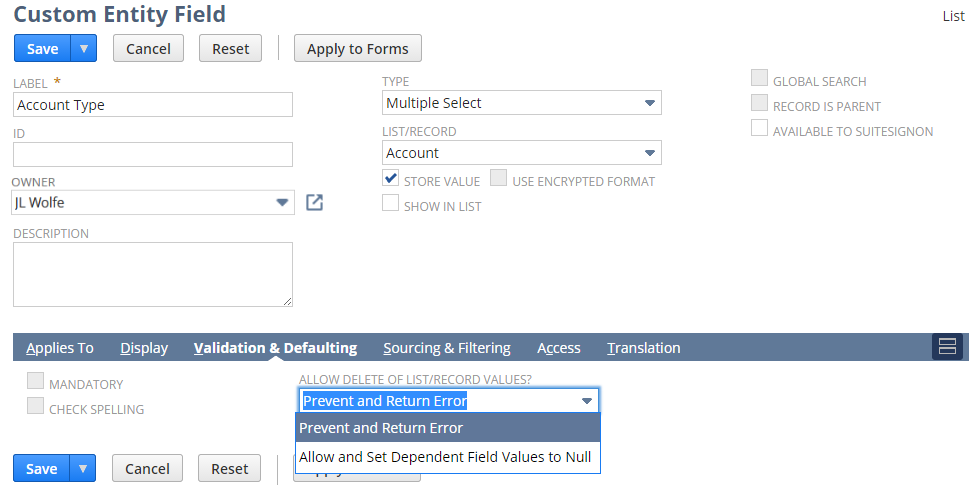 Custom Entity Field Validation & Defaulting subtab showing deletion setting