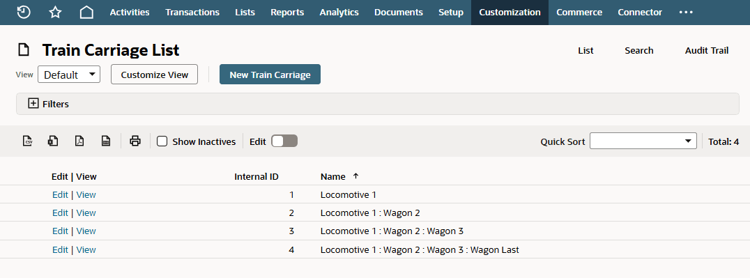 Example of Train Carriage List hierarchy structure