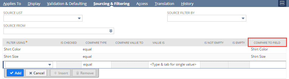 Sourcing & Filtering subtab with Compare to Field highlighed.