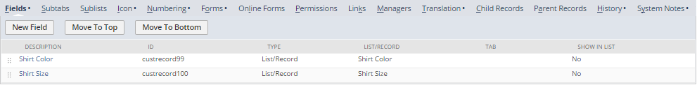Fields subtab showing fields for shirt color and size to be used in dropdown selection.