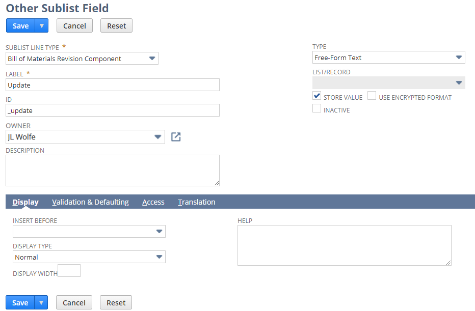 Other Sublist Field page