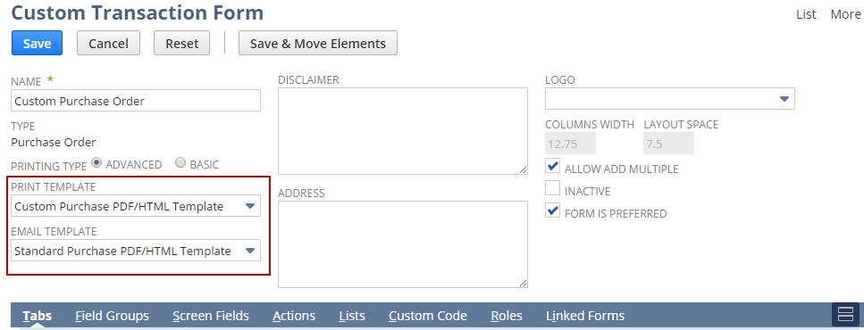 Sample Custom Transaction Form template settings.