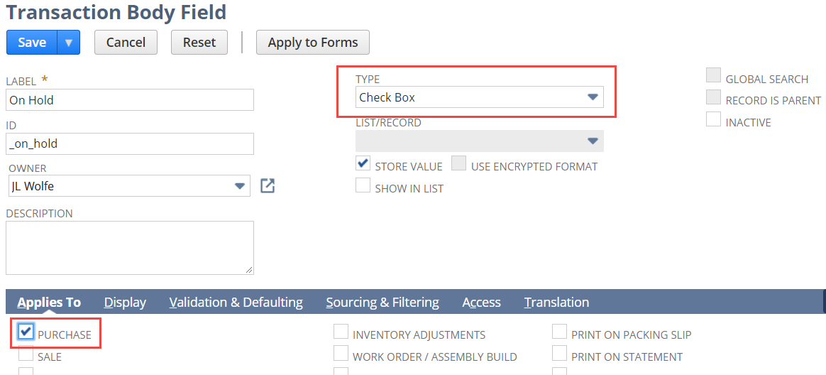 Sample Transaction Body Field page with Type and Purchase settings highlighted.