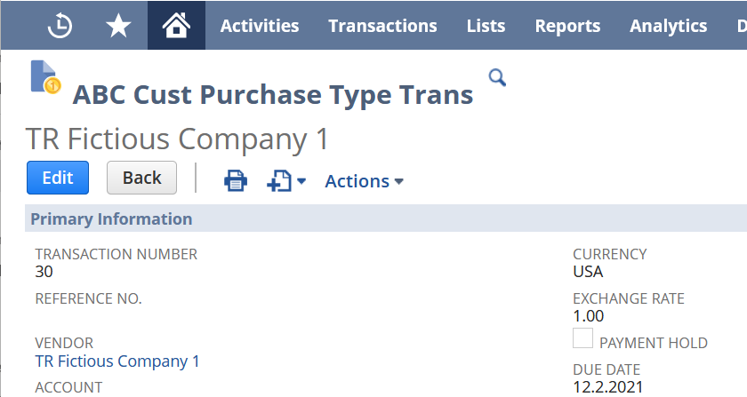 Sample purchase type transaction showing a transaction number that does not have any prefixes.