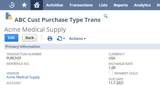 Sample purchase transaction type showing a transaction number that uses a transaction prefix.