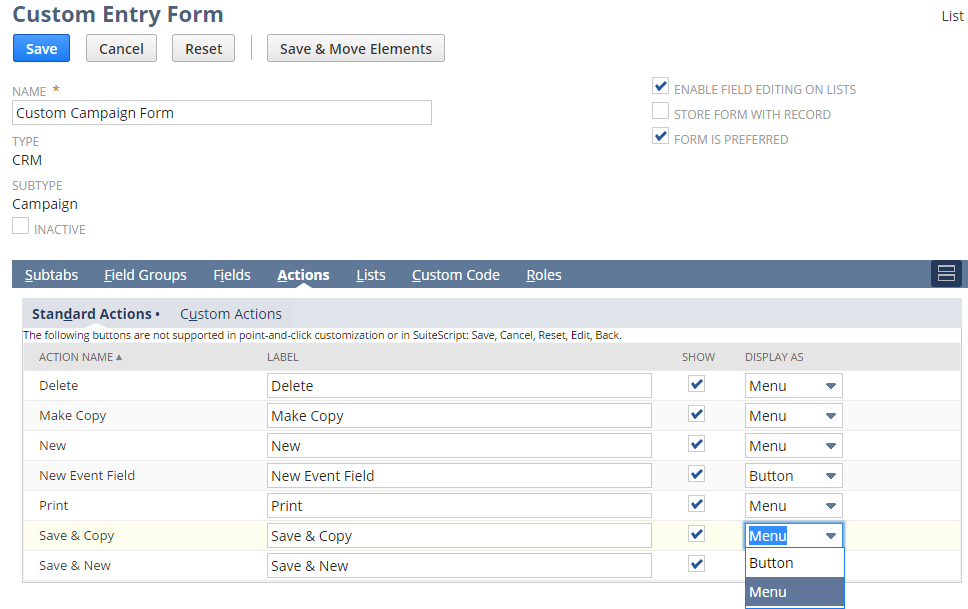 Custom Entry Form page showing the Display As list on the Actions subtab.