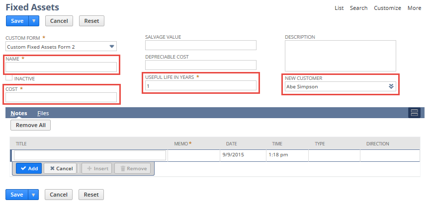 Sample Fixed Assets page with mandatory fields highlighted.