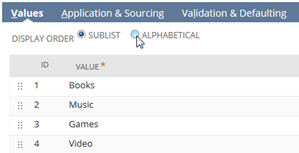 Sample Values subtab showing display order options.