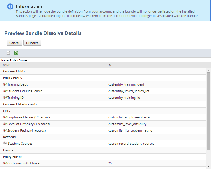 Dissolving Bundles Created in Sandbox section of the SuiteApps and Sandbox Accounts page