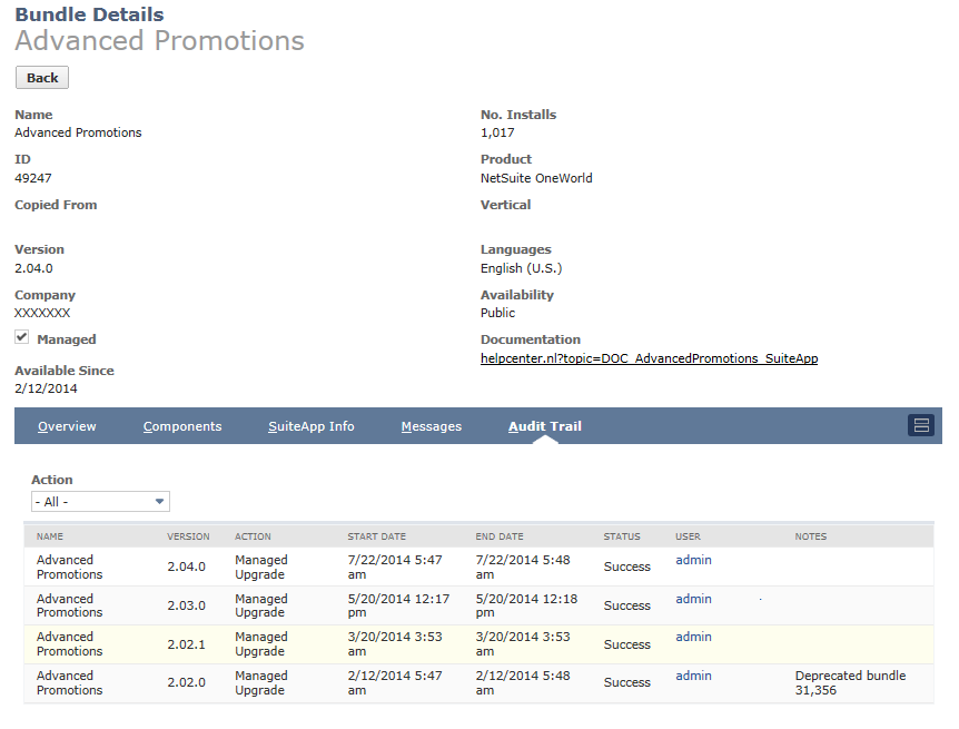 Bundel Details page with Audit Trail subtab displayed.