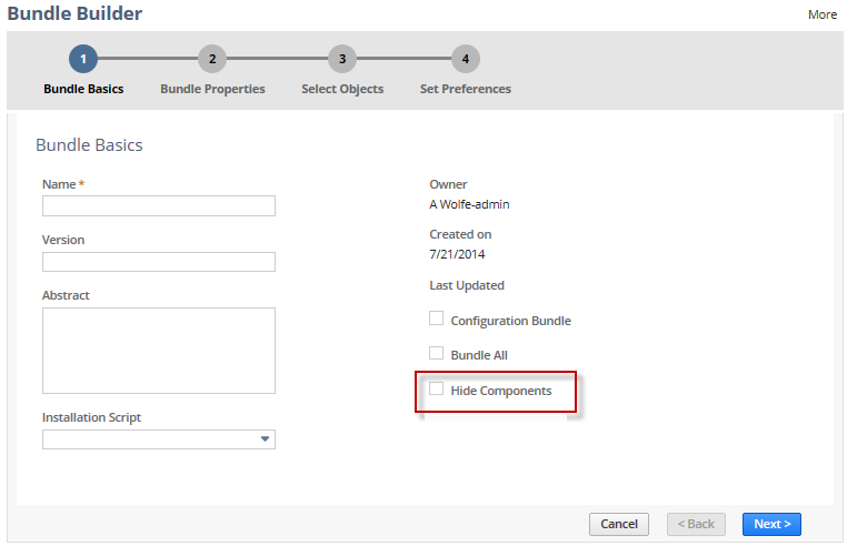 Bundle Builder page with Hide Components box highlighted.