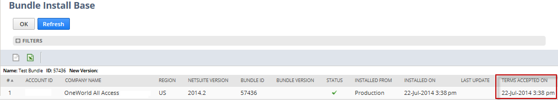 Bundle Install Base page with Terms Accepted On field highlighted.