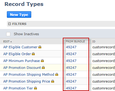 Record Types with From Bundle column highlighted.