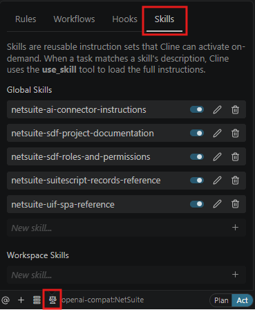 Manage Cline Skills and Workflows with the Skills tab open