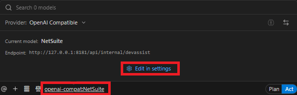 Provider and model selector highlighted and Edit in settings option highlighted