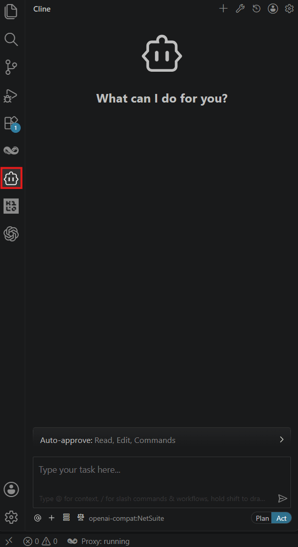Cline user interface showing the chatbox and the Cline icon in the activity bar.