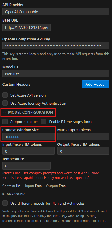 Model and provider configuration showing the Model Configuration section and the Context Window Size option