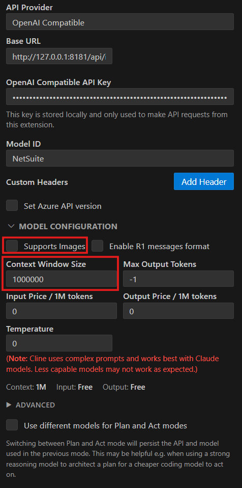 Provider and model configuration showing the Supports Images and the Context Window Size options