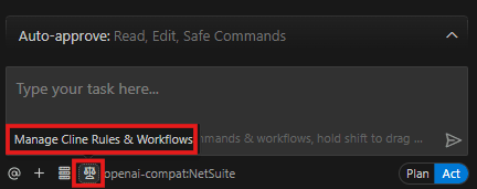 Screenshot showing the Rules and Workflows icon to the left of the provider and model selector