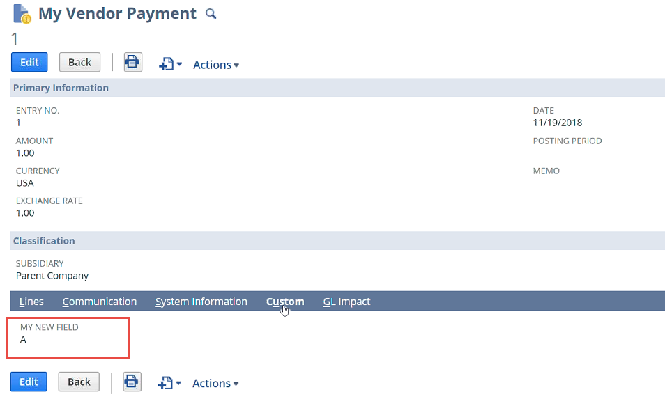 The My Vendor Payment page with the My New Field highlighted on the Custom tab.