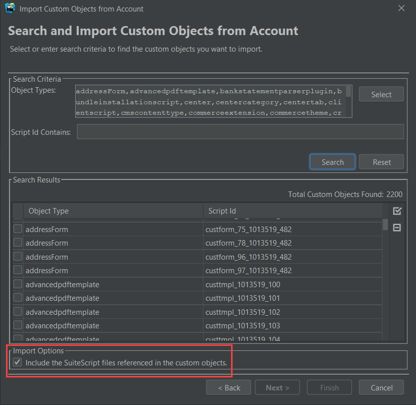 Import Custom Objects from Account popup window.