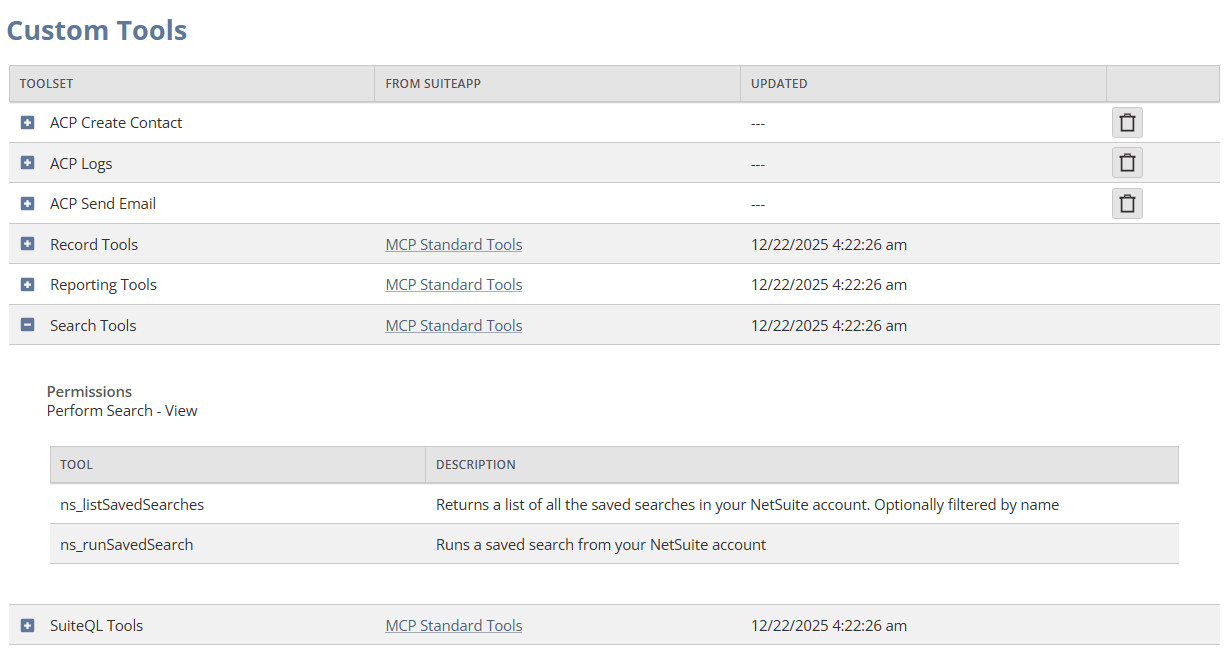 Custom Tools page that shows the tools available in the NetSuite account.