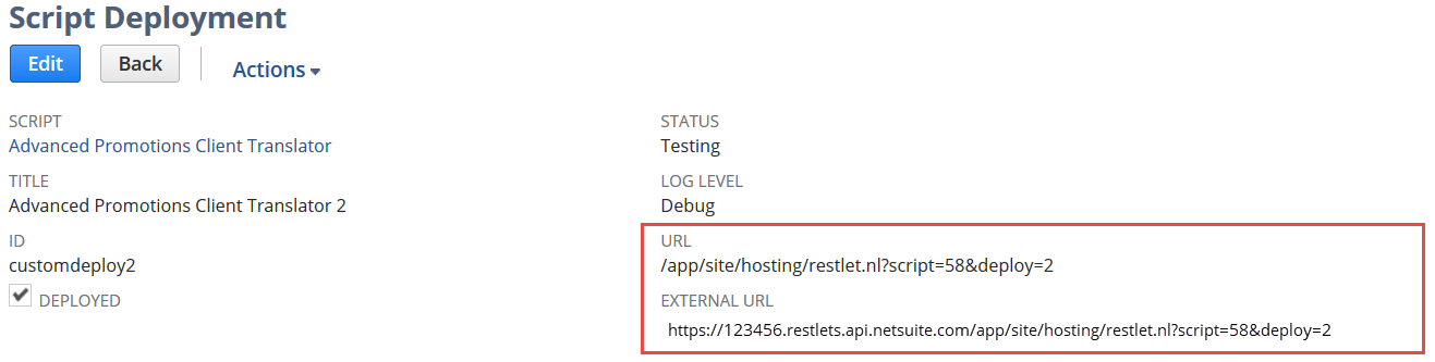 Script Deployment for RESTlet with URL fields highlighted.