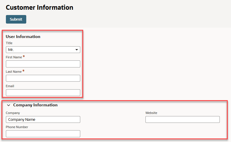Customer Information page with User Information group fields and Company Information group fields highlighted.