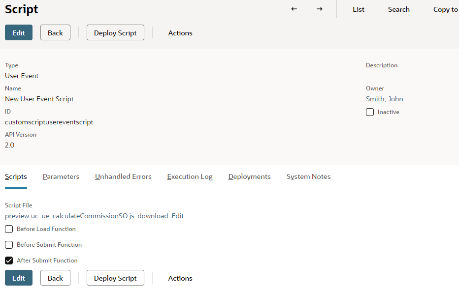 Script page with the Scripts list showing entry point functions for a user event script.