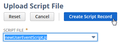 Upload Script File page with the Create Script Record button highlighted.
