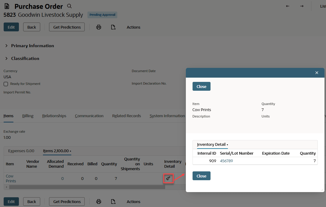 Inventory detail subrecord displayd from Inventory Detail icon on purchase order items sublist.