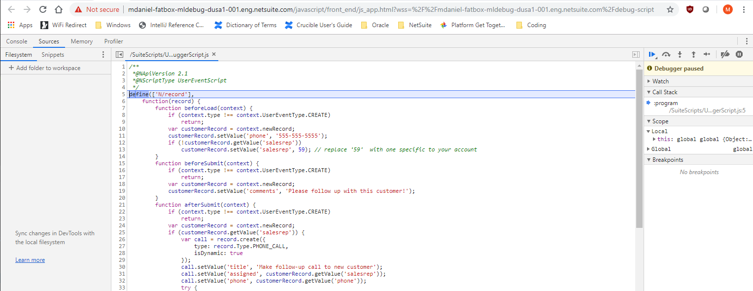 Chrome DevTools with script initially loaded and ready to be debugged.
