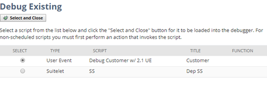Debug Existing SuiteScript 2.1 script options.