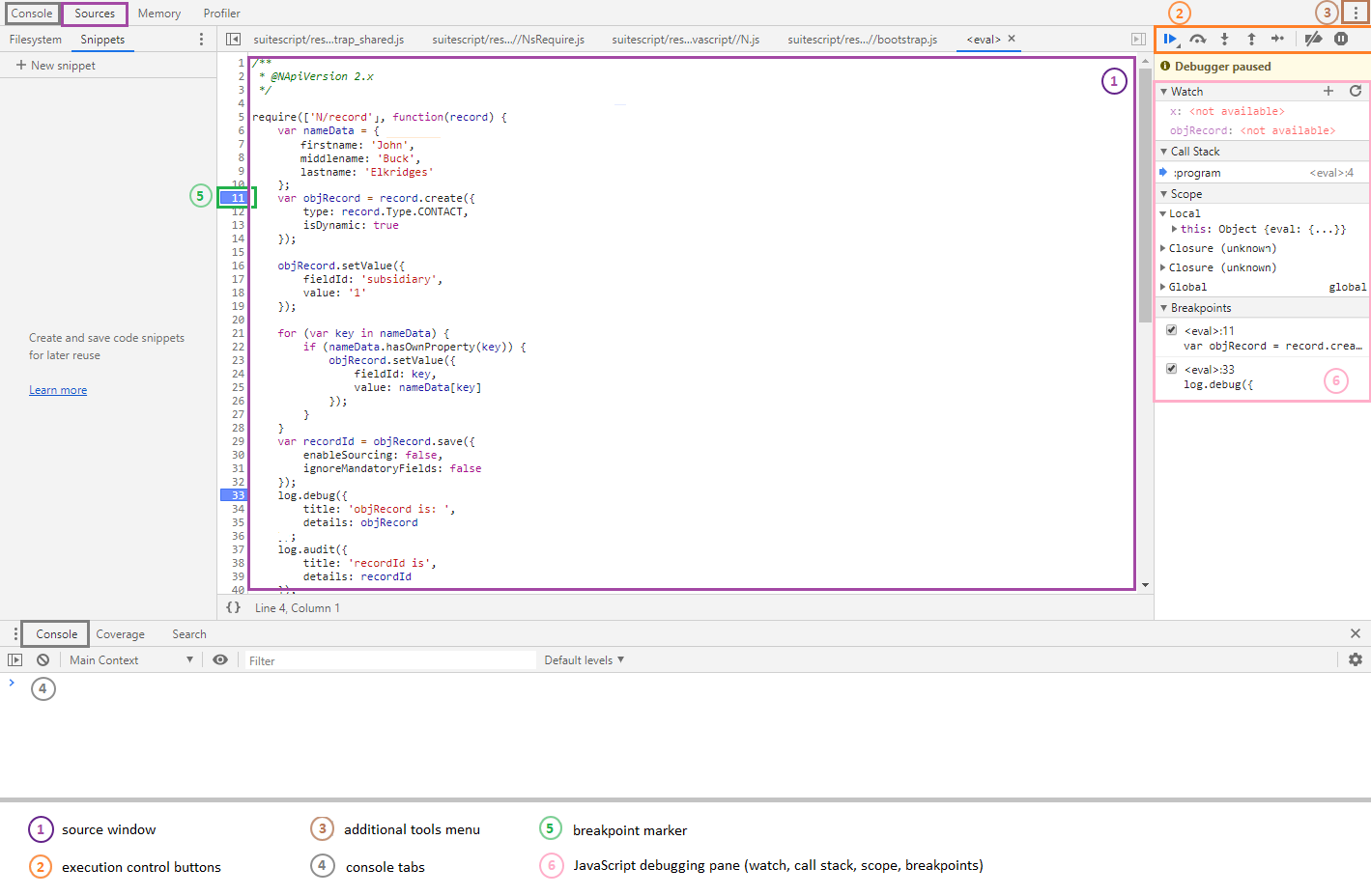 Debugging a SuiteScript 2.1 script in the Chrome Debugger with callouts for the source window, execution control buttons, additional tools menu, console tabs, breakpoint marker, and debugging pane.