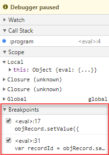 Chrome DevTools debugging SuiteScript 2.1 script with Breakpoints list highlighted.