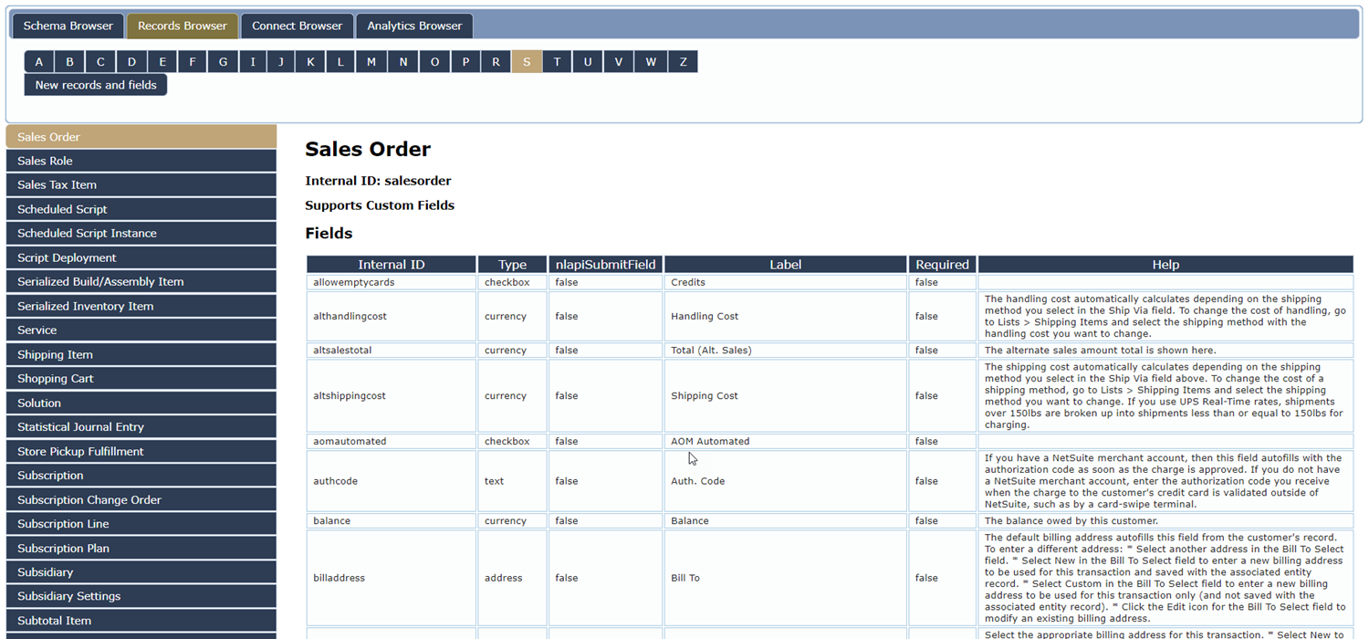 A subset of the sales order record fields in the Records Browser.