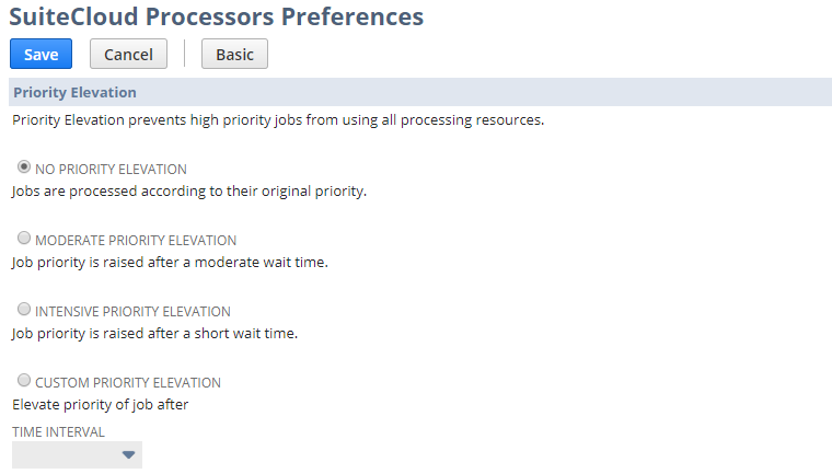 The SuiteCloud Processors Preferences page with No Priority Elevation selected.