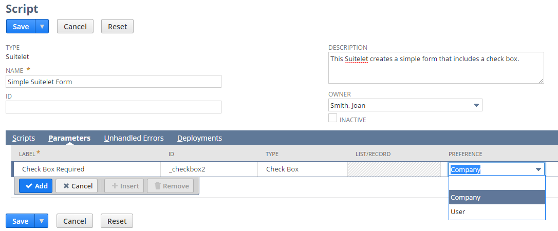 The Script record page Parameters tab with the Company preference selected.